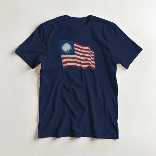 Golf Flag T-Shirt in Navy lying on a plain floor. T-shirt is a unisex cut and 100 per cent cotton.
