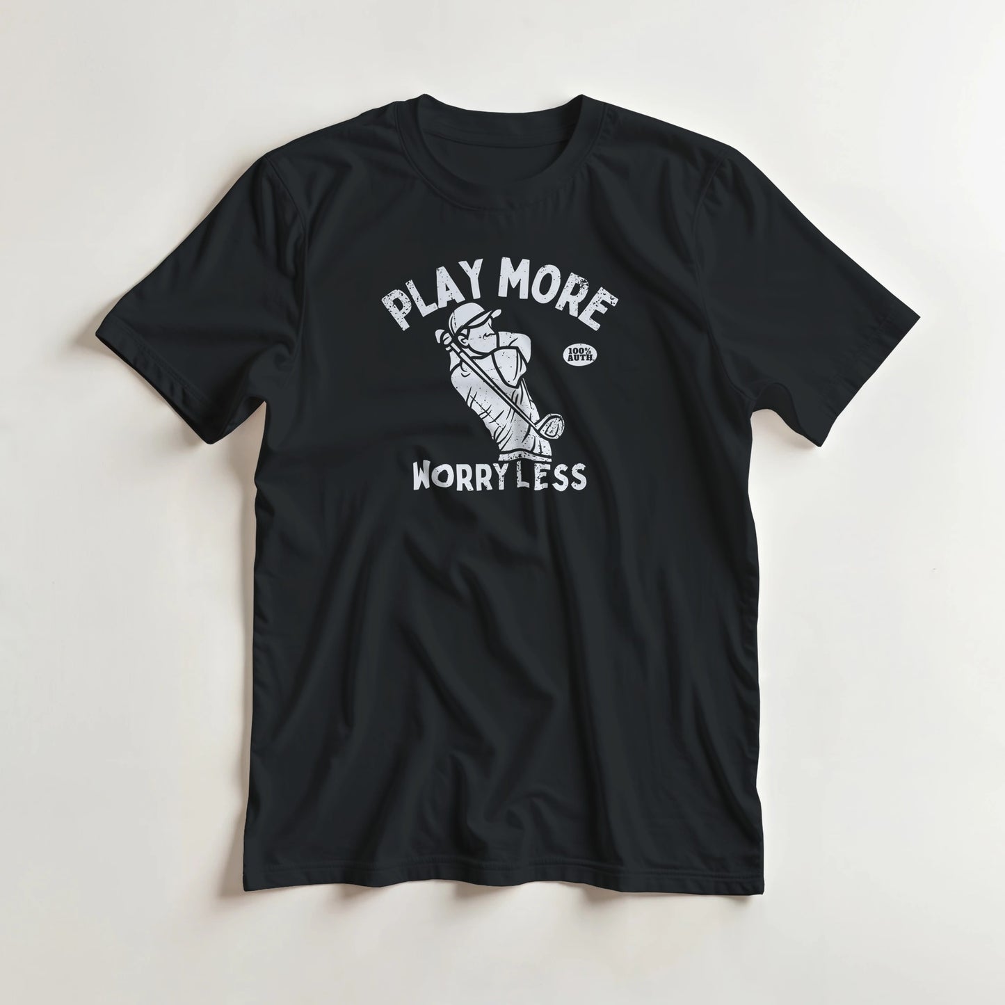 Worry Less T-Shirt in Black XL lying on a plain floor. T-shirt is a unisex cut and 100 per cent cotton.