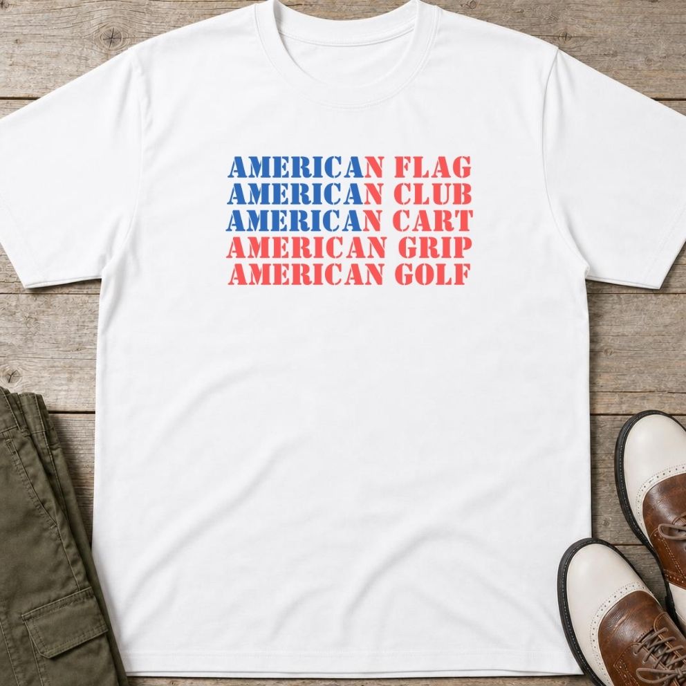 American Golf T-Shirt in White lying on a plain floor. T-shirt is a unisex cut and 100 per cent cotton.