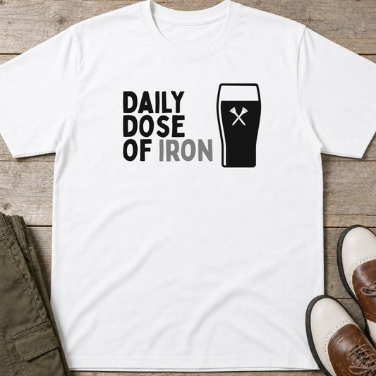 Dose Of Iron T-Shirt in White lying on a plain floor. T-shirt is a unisex cut and 100 per cent cotton.