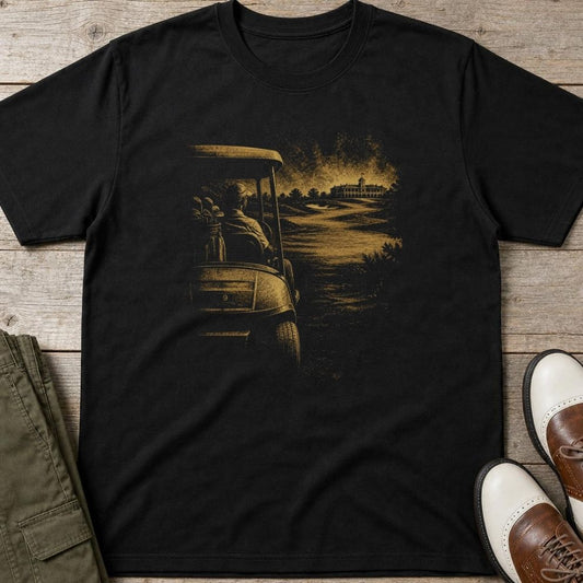 Cart Nine T-Shirt in Black lying on a plain floor. T-shirt is a unisex cut and 100 per cent cotton.