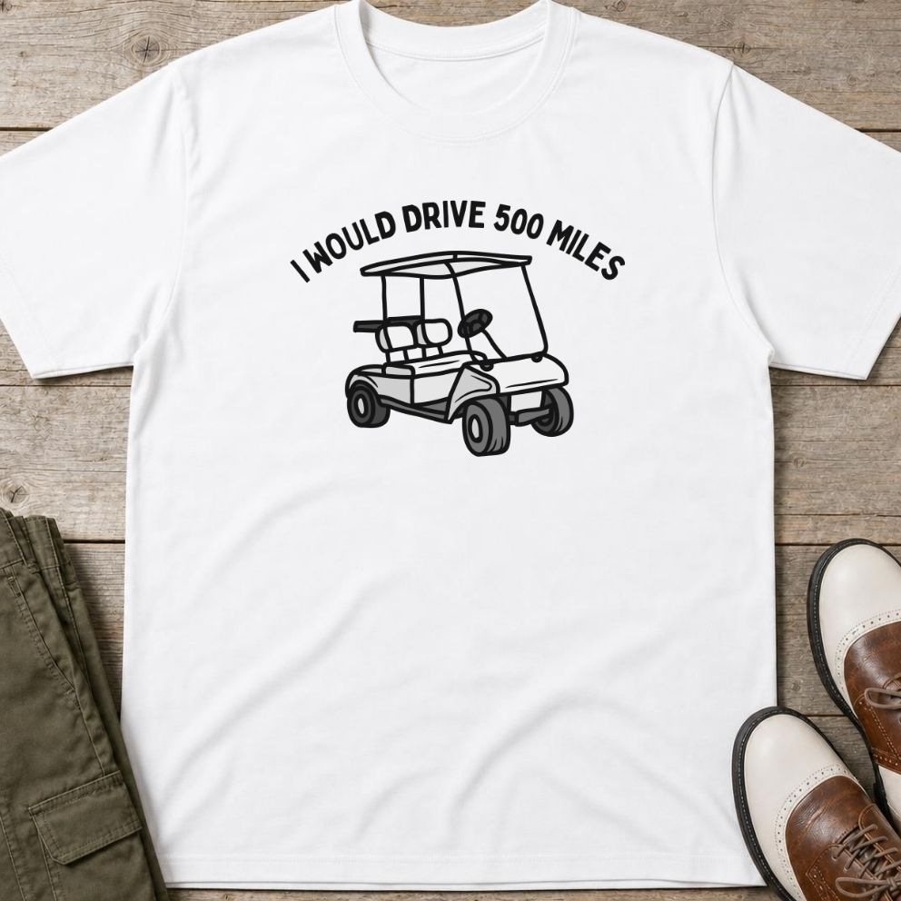 500 Miles T-Shirt in White lying on a plain floor. T-shirt is a unisex cut and 100 per cent cotton.