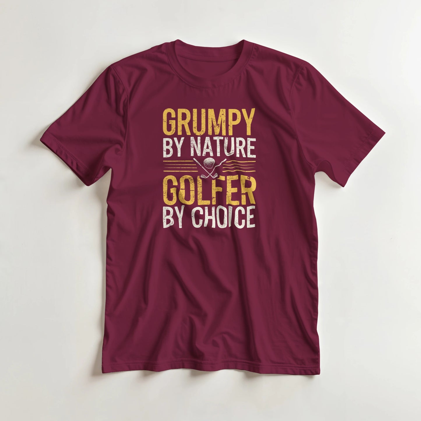 Grumpy By Nature T-Shirt in Maroon 2XL lying on a plain floor. T-shirt is a unisex cut and 100 per cent cotton.