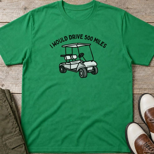 500 Miles T-Shirt in Irish Green lying on a plain floor. T-shirt is a unisex cut and 100 per cent cotton.