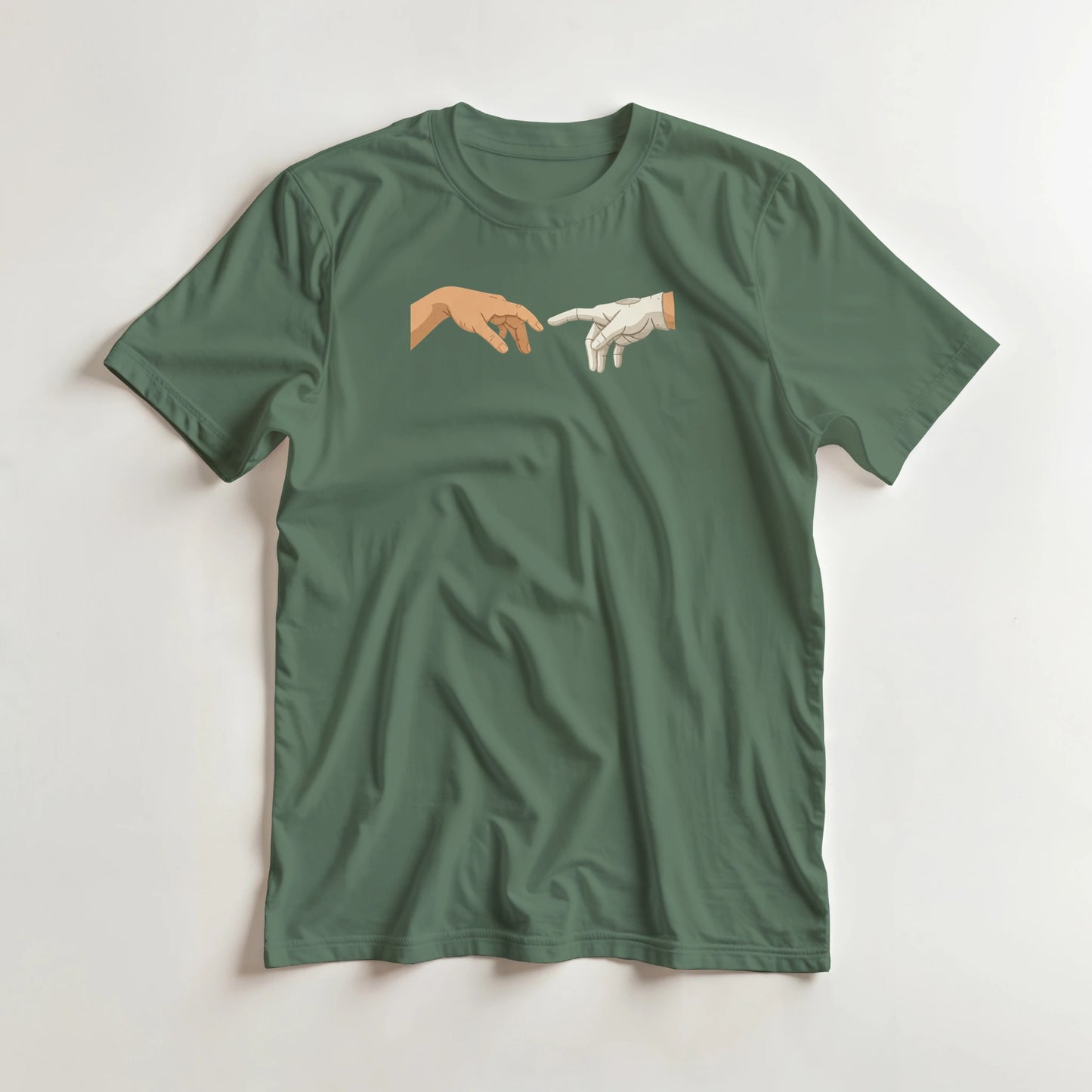 The Glove of God T-Shirt in Military Green lying on a plain floor. T-shirt is a unisex cut and 100 per cent cotton.