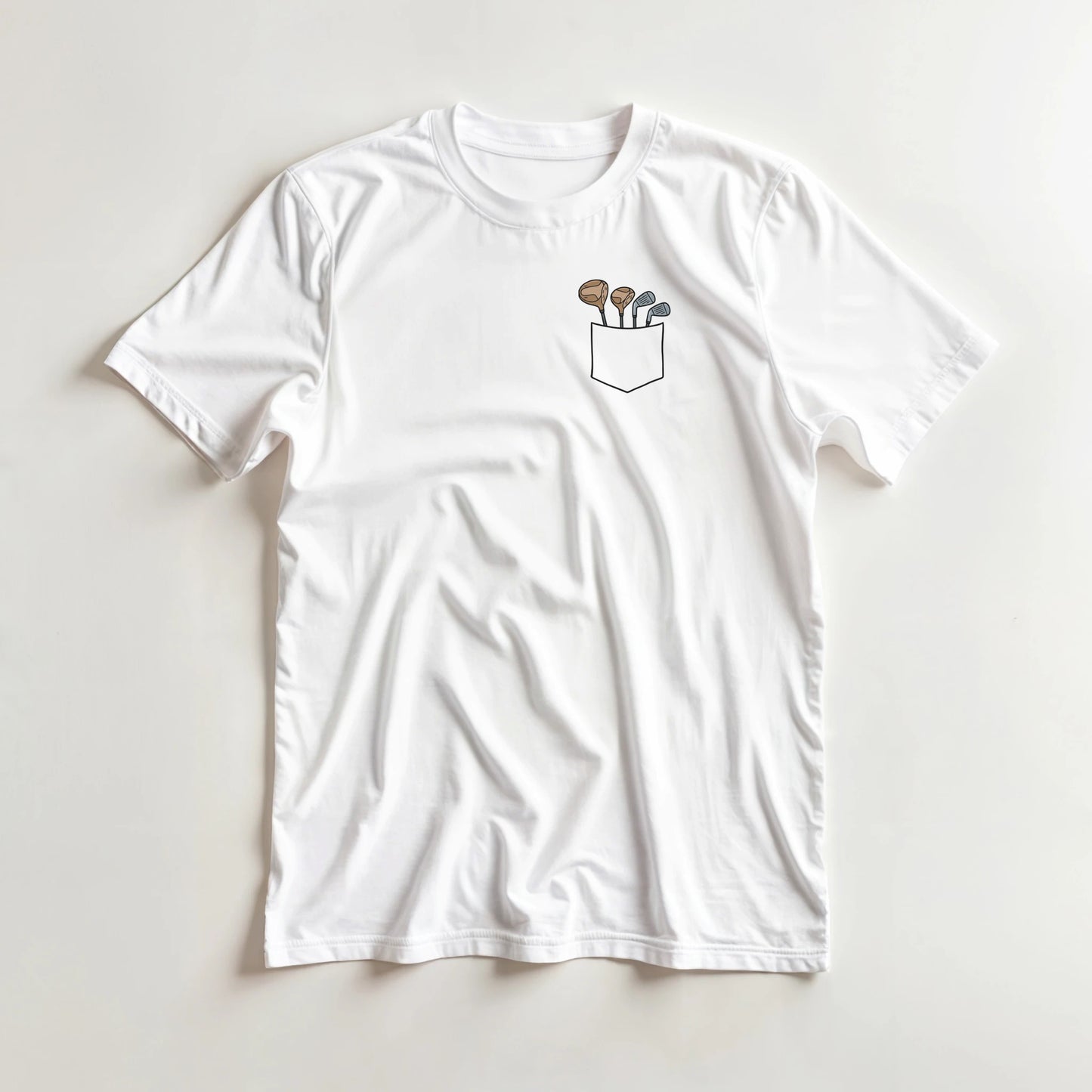 Club Pocket T-Shirt in White lying on a plain floor. T-shirt is a unisex cut and 100 per cent cotton.