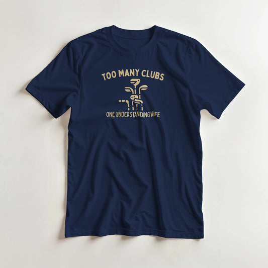 Understanding Wife T-Shirt in Navy S lying on a plain floor. T-shirt is a unisex cut and 100 per cent cotton.