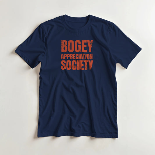 Bogey Appreciation T-Shirt in Navy S lying on a plain floor. T-shirt is a unisex cut and 100 per cent cotton.
