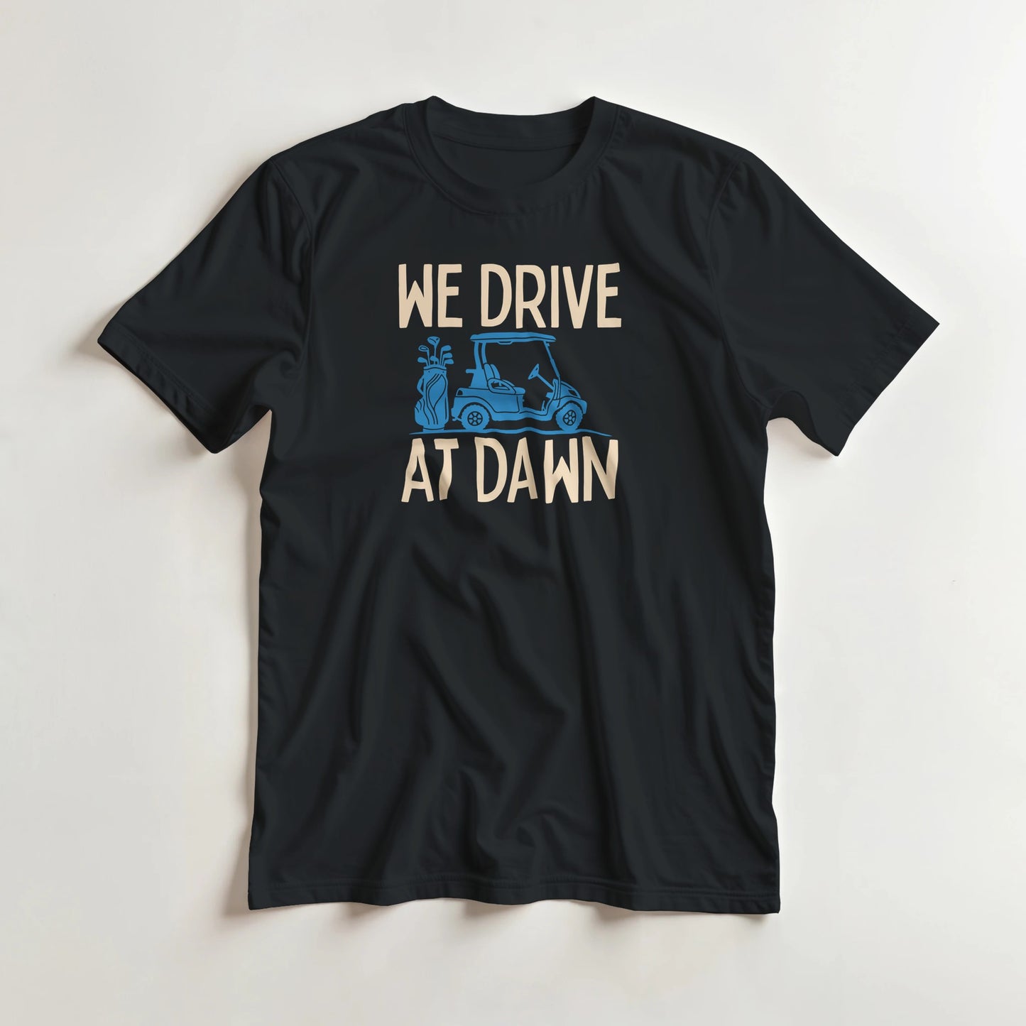 Drive At Dawn Blue T-Shirt in Black lying on a plain floor. T-shirt is a unisex cut and 100 per cent cotton.