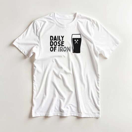 Dose Of Iron T-Shirt in White lying on a plain floor. T-shirt is a unisex cut and 100 per cent cotton.