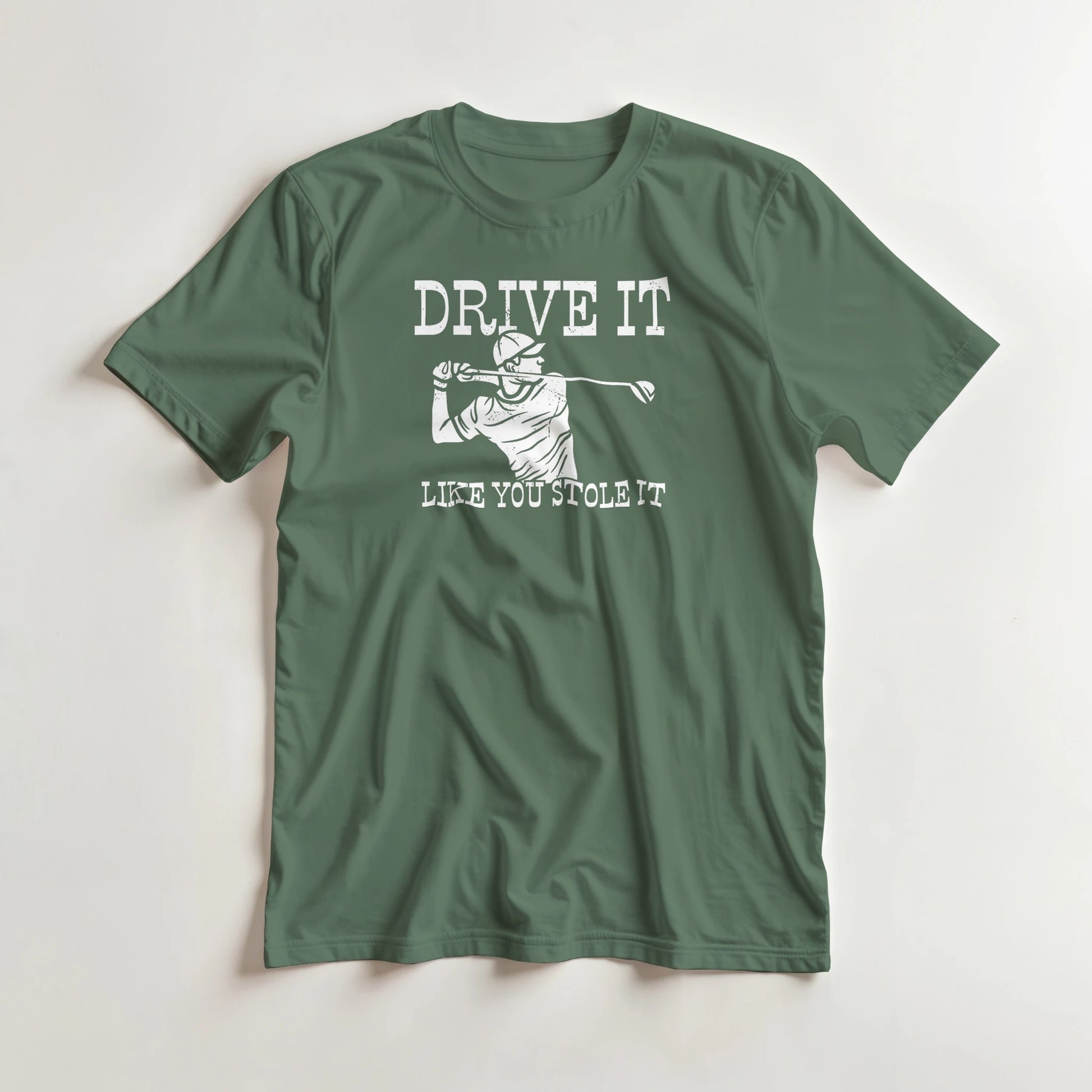 Stole It T-Shirt in Military Green lying on a plain floor. T-shirt is a unisex cut and 100 per cent cotton.