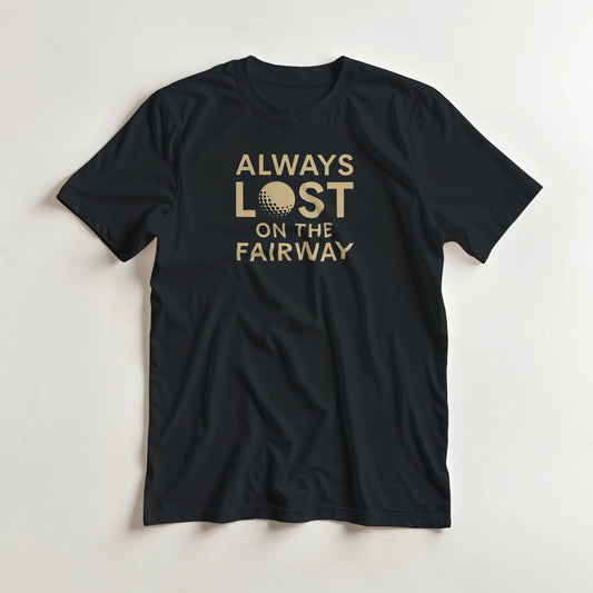 Always Lost T-Shirt in Black lying on a plain floor. T-shirt is a unisex cut and 100 per cent cotton.