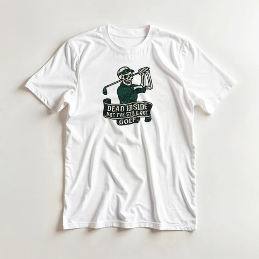 Dead Inside T-Shirt in White lying on a plain floor. T-shirt is a unisex cut and 100 per cent cotton.