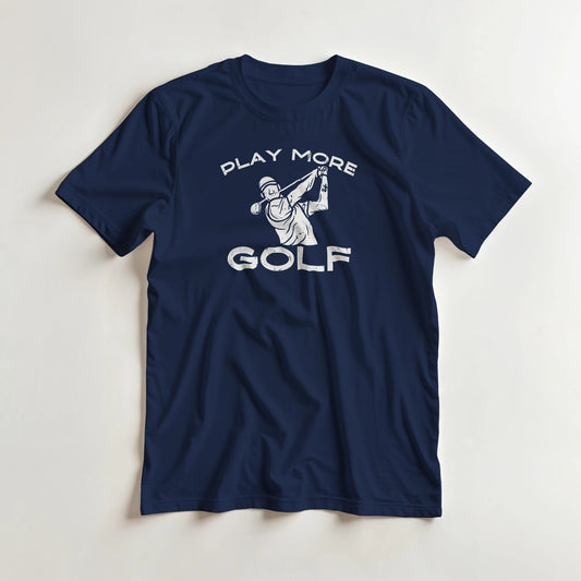 Play More Golf T-Shirt in Navy S lying on a plain floor. T-shirt is a unisex cut and 100 per cent cotton.