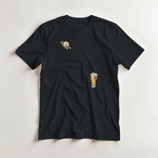 Flying Golf & Beer T-Shirt in Black lying on a plain floor. T-shirt is a unisex cut and 100 per cent cotton.