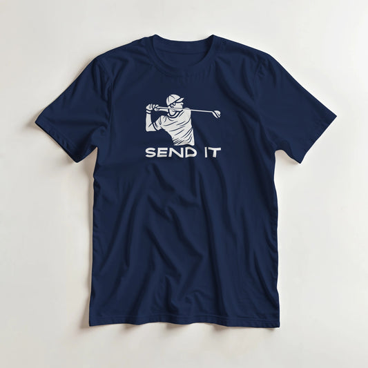 Send It T-Shirt in Navy S lying on a plain floor. T-shirt is a unisex cut and 100 per cent cotton.