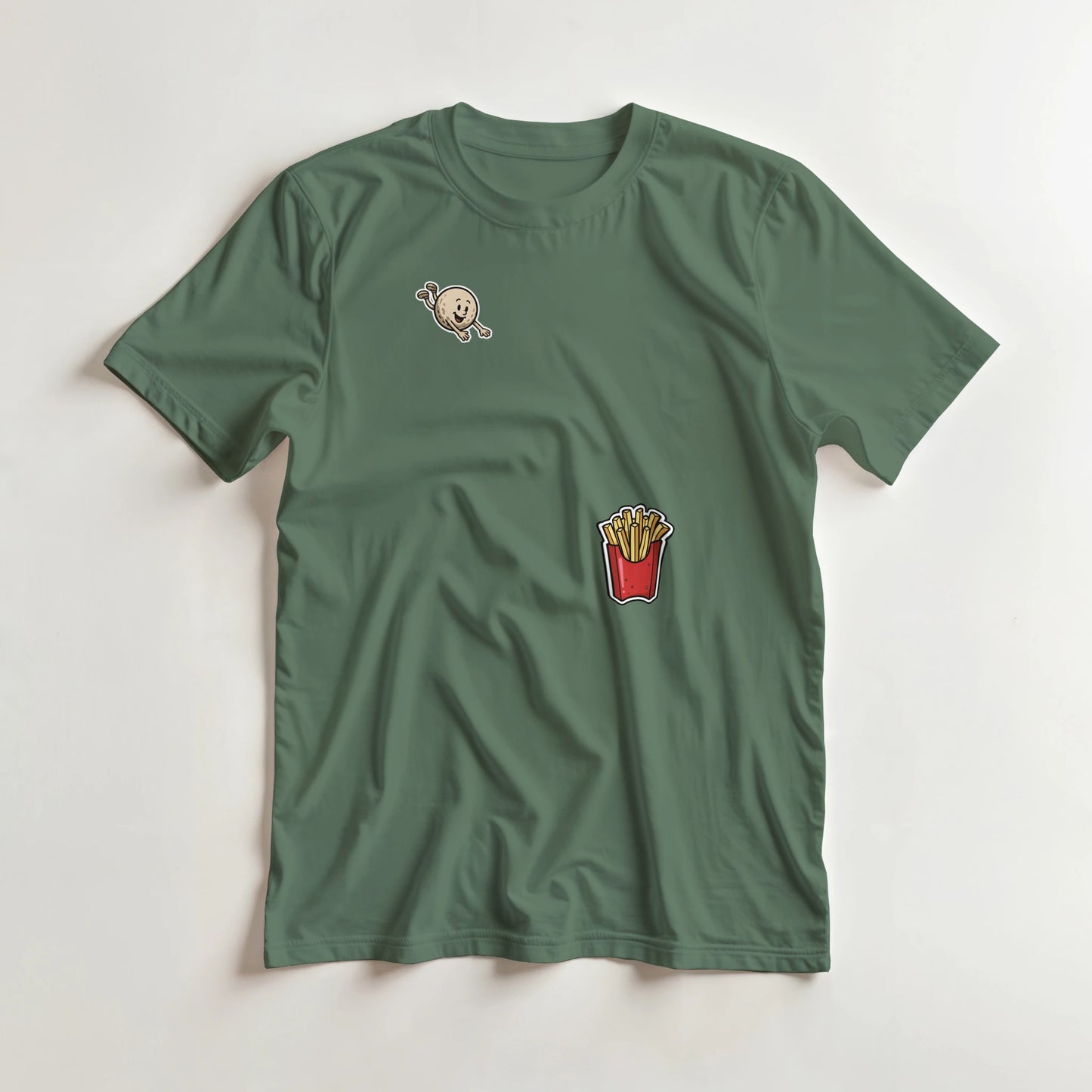 Flying Golf & Fries T-Shirt in Military Green lying on a plain floor. T-shirt is a unisex cut and 100 per cent cotton.