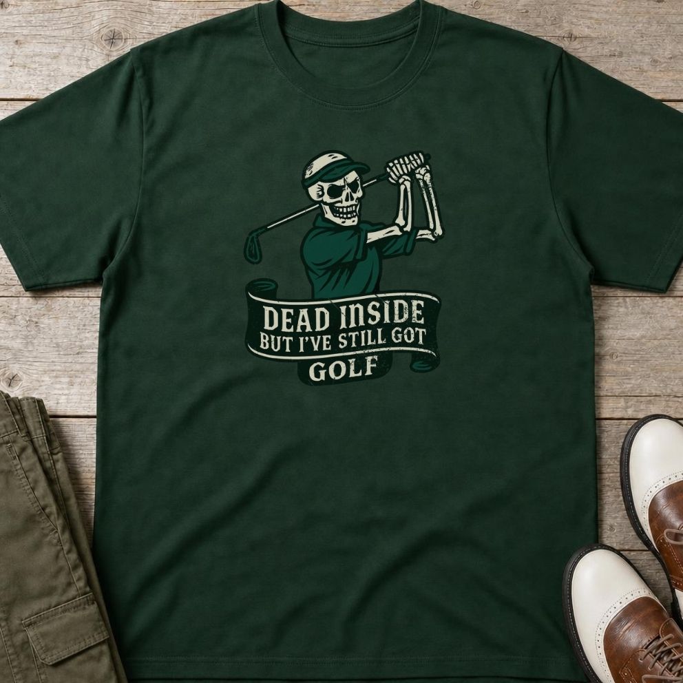 Dead Inside T-Shirt in Forest Green lying on a plain floor. T-shirt is a unisex cut and 100 per cent cotton.