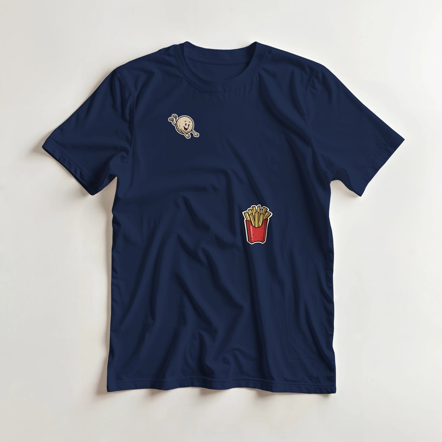 Flying Golf & Fries T-Shirt in Navy lying on a plain floor. T-shirt is a unisex cut and 100 per cent cotton.
