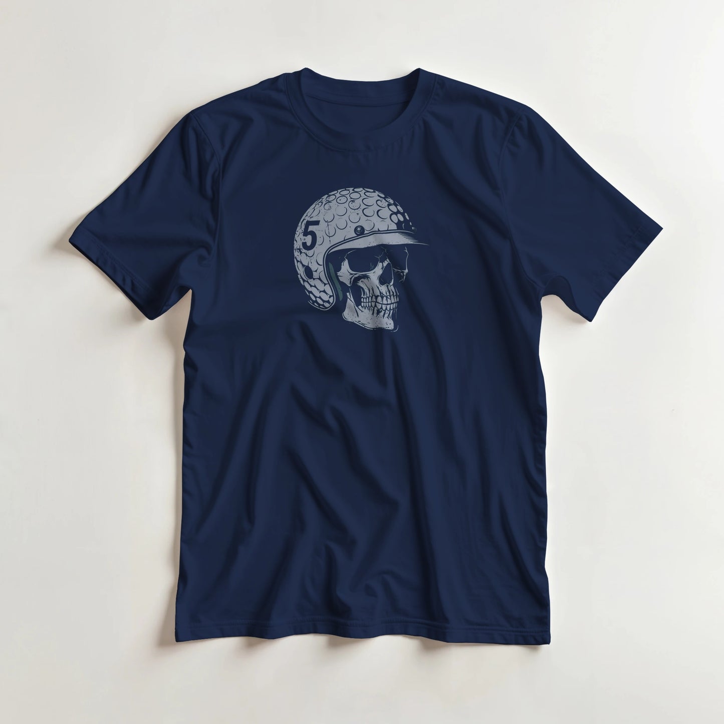 Skull Golfer T-Shirt in Navy 2XL lying on a plain floor. T-shirt is a unisex cut and 100 per cent cotton.
