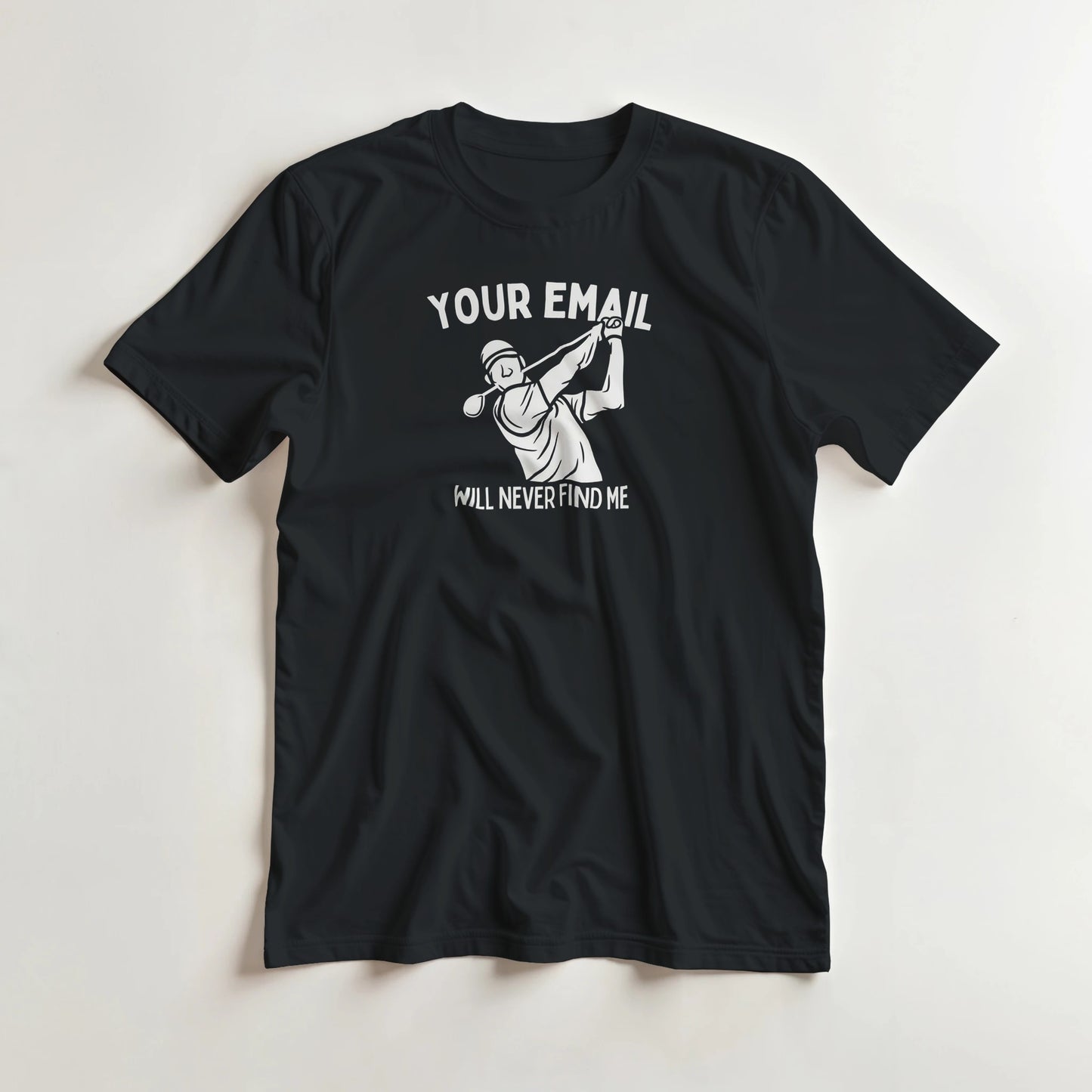Your Email T-Shirt in Black lying on a plain floor. T-shirt is a unisex cut and 100 per cent cotton.
