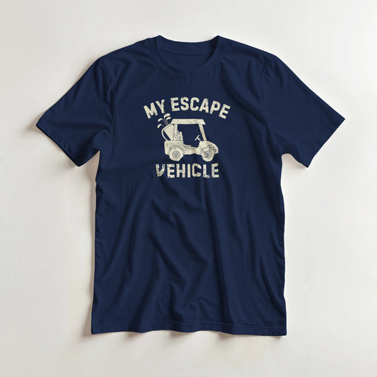 Escape Vehicle T-Shirt in Navy S lying on a plain floor. T-shirt is a unisex cut and 100 per cent cotton.