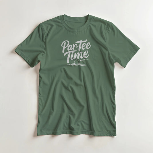 Par-Tee T-Shirt in Military Green S lying on a plain floor. T-shirt is a unisex cut and 100 per cent cotton.