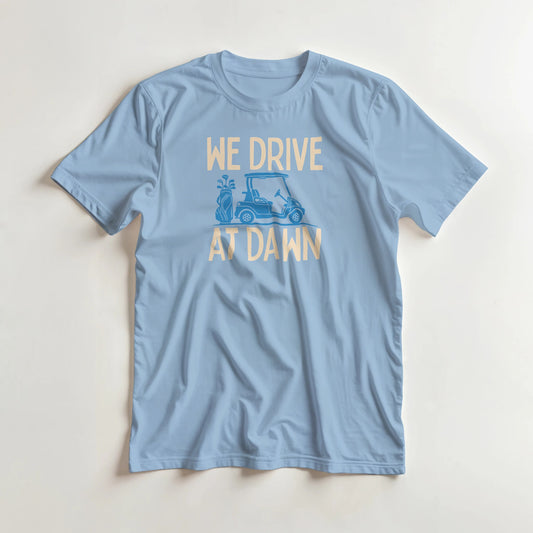 Drive At Dawn Blue T-Shirt in Light Blue lying on a plain floor. T-shirt is a unisex cut and 100 per cent cotton.
