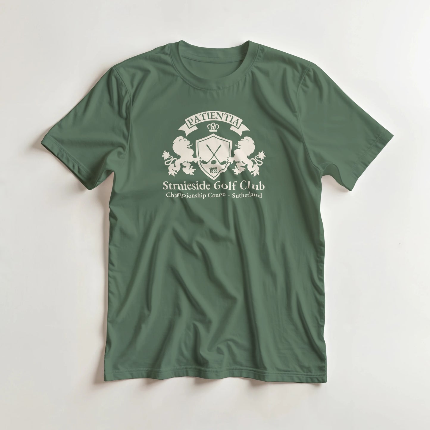 Struieside GC T-Shirt in Military Green lying on a plain floor. T-shirt is a unisex cut and 100 per cent cotton.