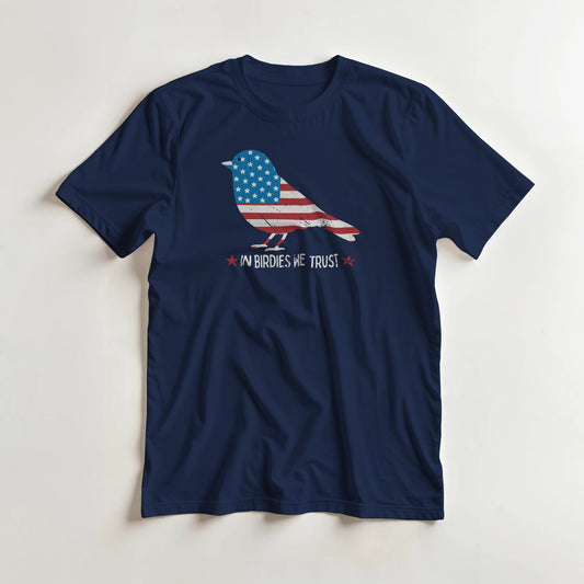 In Birdies We Trust T-Shirt in Navy lying on a plain floor. T-shirt is a unisex cut and 100 per cent cotton.