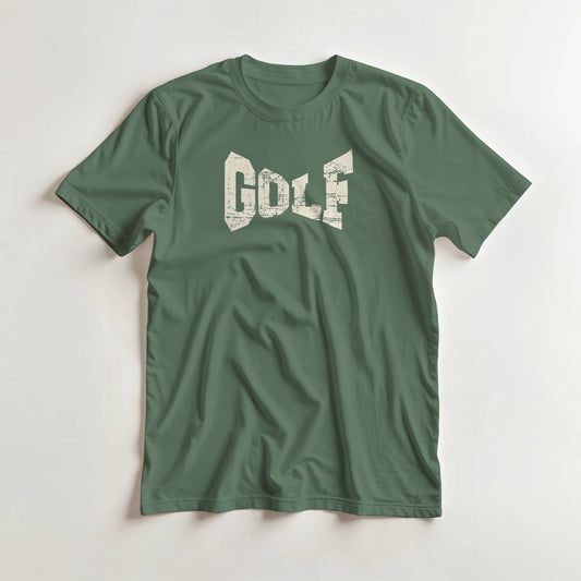 Golf Warp T-Shirt in Military Green lying on a plain floor. T-shirt is a unisex cut and 100 per cent cotton.