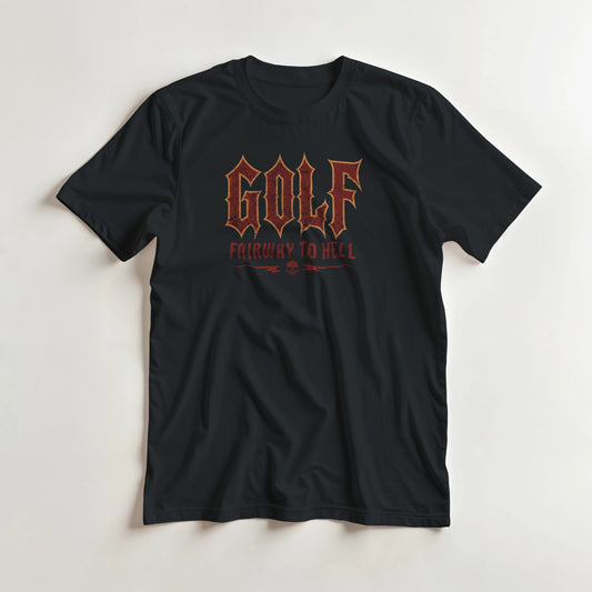 Golf Hell T-Shirt in lying on a plain floor. T-shirt is a unisex cut and 100 per cent cotton.
