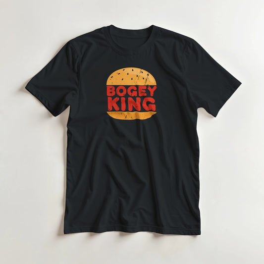 Bogey King T-Shirt in Black lying on a plain floor. T-shirt is a unisex cut and 100 per cent cotton.