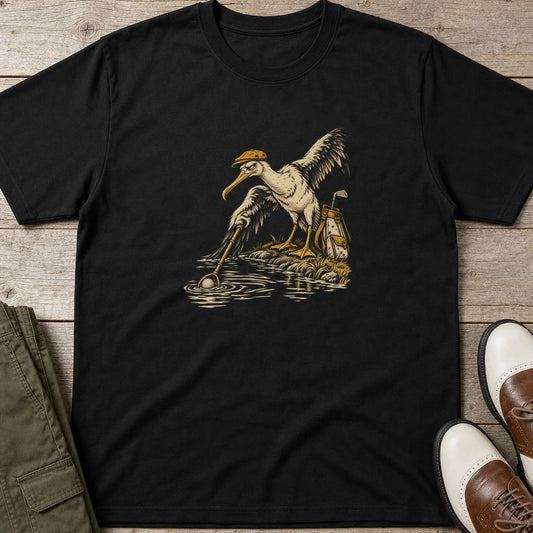 Albatross Fishing T-Shirt in Black lying on a plain floor. T-shirt is a unisex cut and 100 per cent cotton.