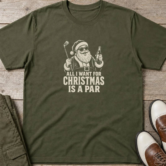 All I Want T-Shirt in Military Green lying on a plain floor. T-shirt is a unisex cut and 100 per cent cotton.