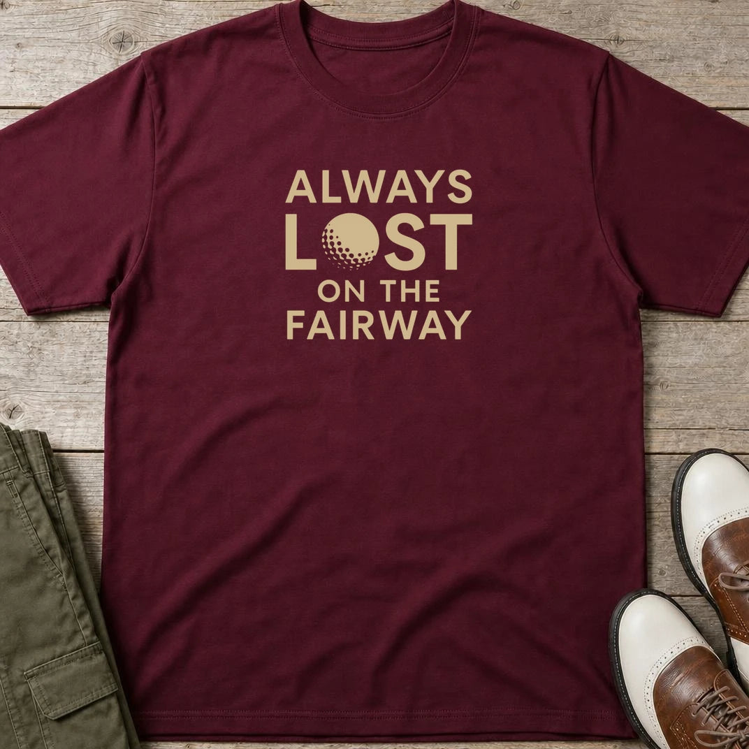 Always Lost T-Shirt in Maroon lying on a plain floor. T-shirt is a unisex cut and 100 per cent cotton.