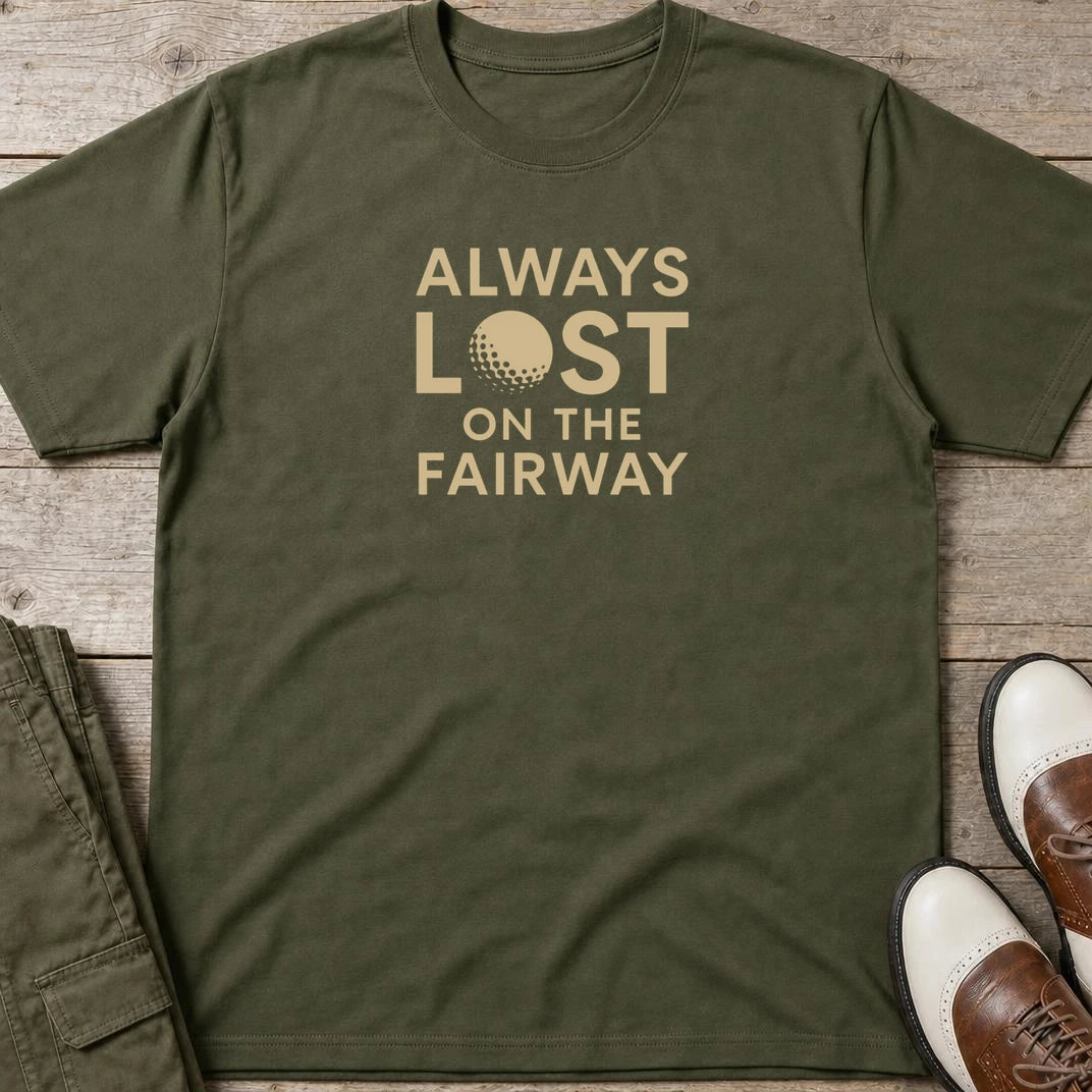 Always Lost T-Shirt in Military Green lying on a plain floor. T-shirt is a unisex cut and 100 per cent cotton.