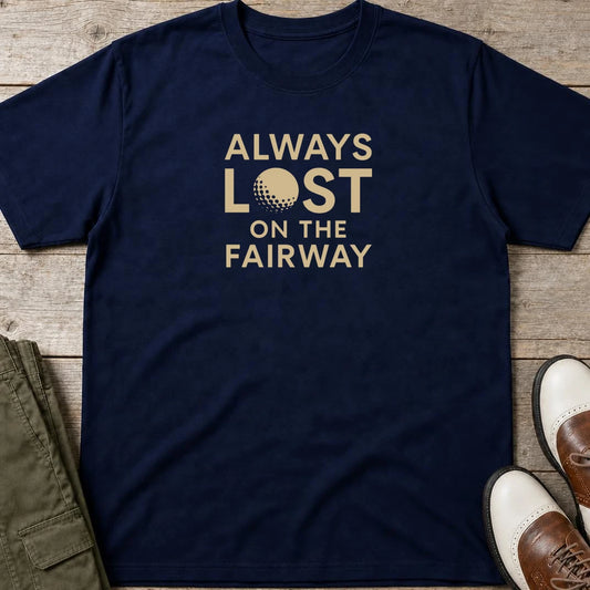Always Lost T-Shirt in Navy lying on a plain floor. T-shirt is a unisex cut and 100 per cent cotton.