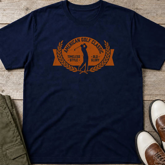 American Classic T-Shirt in Navy lying on a plain floor. T-shirt is a unisex cut and 100 per cent cotton.