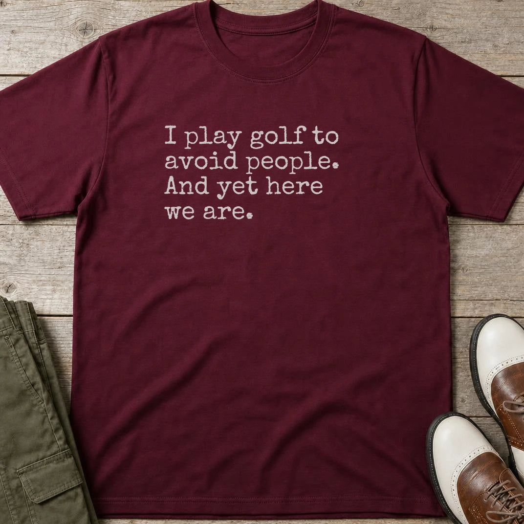 Avoid People T-Shirt in Maroon lying on a plain floor. T-shirt is a unisex cut and 100 per cent cotton.