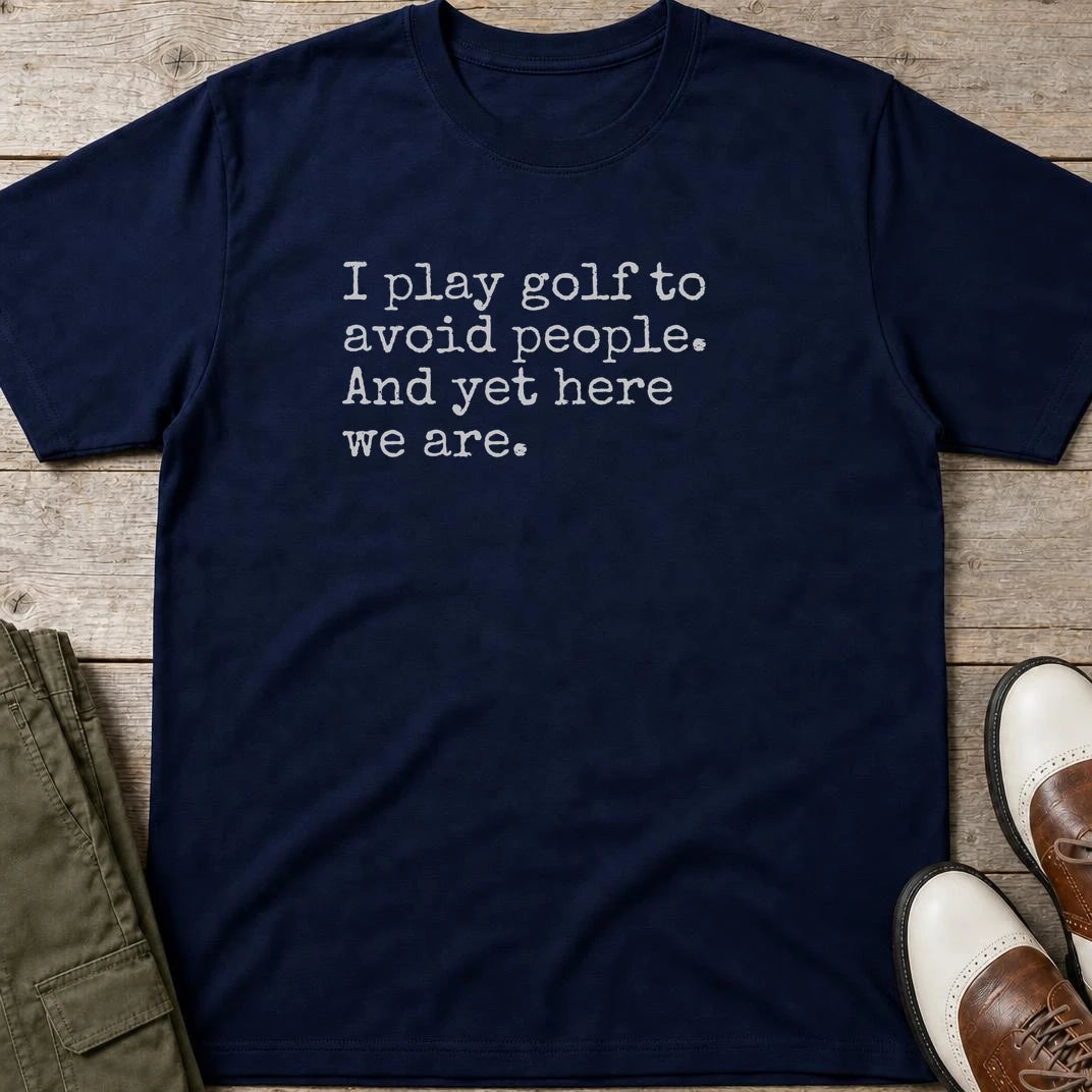 Avoid People T-Shirt in Navy lying on a plain floor. T-shirt is a unisex cut and 100 per cent cotton.