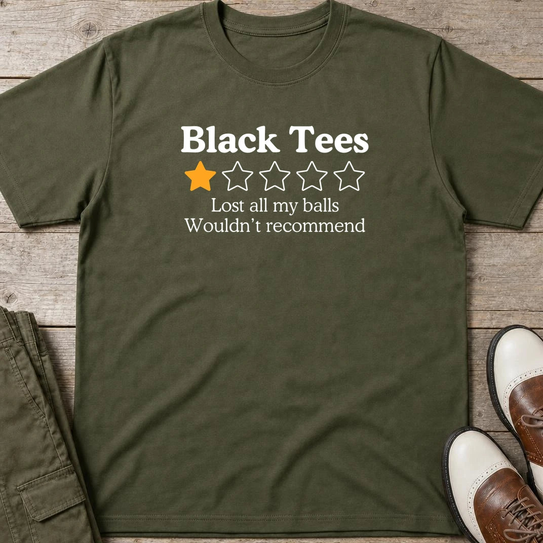 Black Tees T-Shirt in Military Green lying on a plain floor. T-shirt is a unisex cut and 100 per cent cotton.