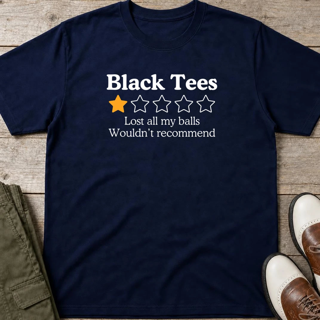 Black Tees T-Shirt in Navy lying on a plain floor. T-shirt is a unisex cut and 100 per cent cotton.