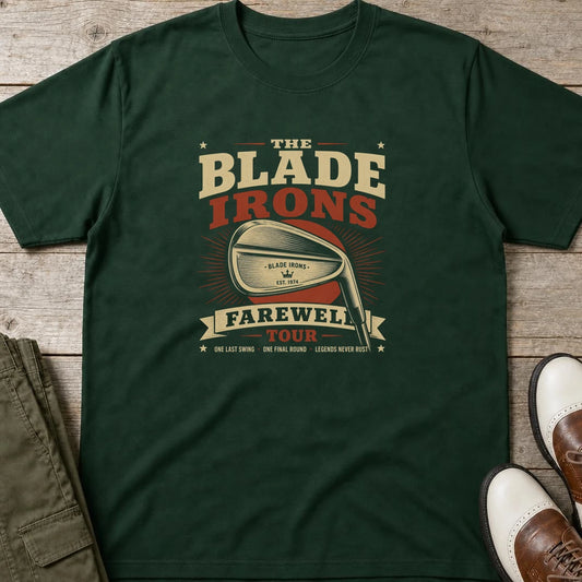 The Blade T-Shirt in Forest Green lying on a plain floor. T-shirt is a unisex cut and 100 per cent cotton.