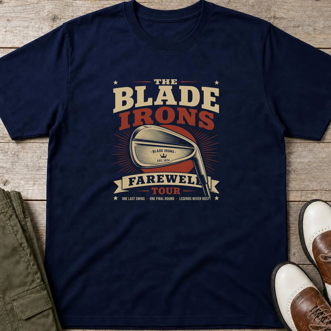 The Blade T-Shirt in Navy lying on a plain floor. T-shirt is a unisex cut and 100 per cent cotton.