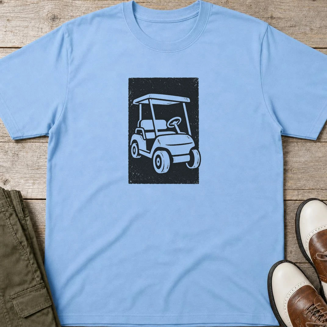 Block-Print Cart T-Shirt in Light Blue lying on a plain floor. T-shirt is a unisex cut and 100 per cent cotton.