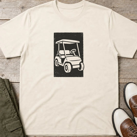Block-Print Cart T-Shirt in Natural lying on a plain floor. T-shirt is a unisex cut and 100 per cent cotton.