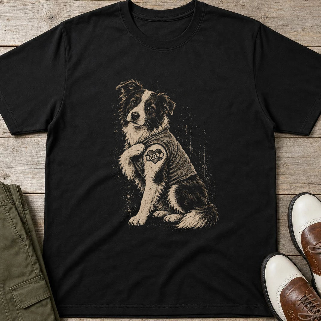 Border Collie Golf T-Shirt in Black lying on a plain floor. T-shirt is a unisex cut and 100 per cent cotton.
