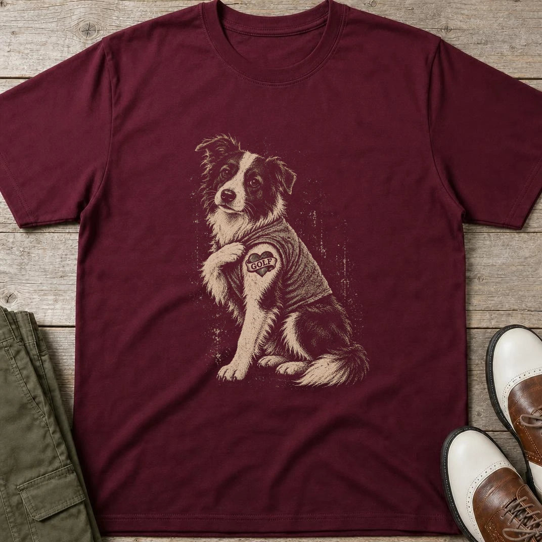 Border Collie Golf T-Shirt in Maroon lying on a plain floor. T-shirt is a unisex cut and 100 per cent cotton.