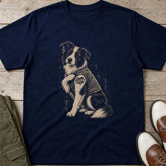 Border Collie Golf T-Shirt in Navy lying on a plain floor. T-shirt is a unisex cut and 100 per cent cotton.